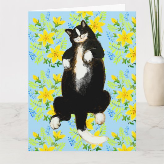Tuxedo kat Slapend op bloem bed Kaart (Voorkant)
