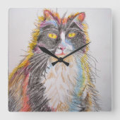 Tuxedo Kat Tekening Kunstwandklok Vierkante Klok (Voorkant)