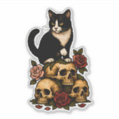 Tuxedo Kat van de Crypt – Rozen en Schedels Sticker (Voorkant)