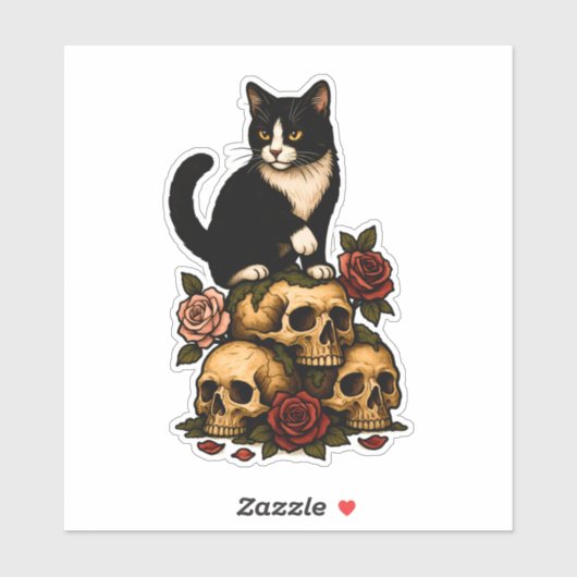 Tuxedo Kat van de Crypt – Rozen en Schedels Sticker (Vel)