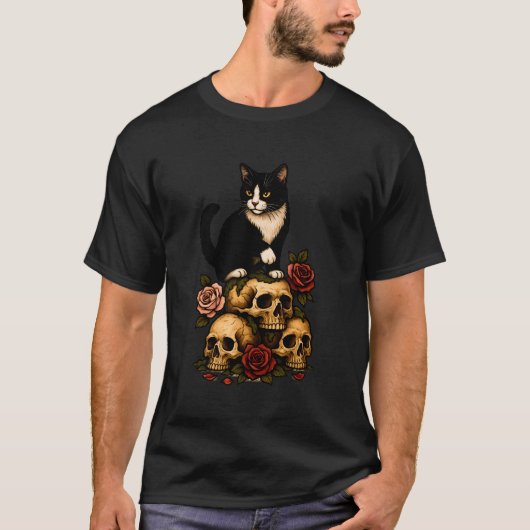 Tuxedo Kat van de Crypt – Rozen en Schedels T-shirt (Voorkant)
