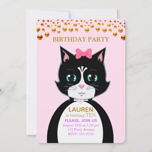 Tuxedo Kat Verjaardagsfeest Uitnodiging (Voorkant)