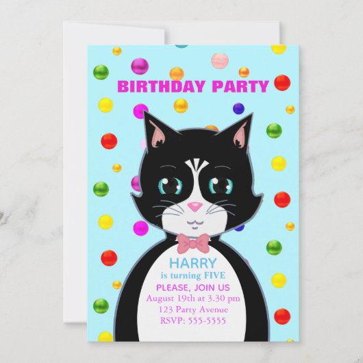 Tuxedo Kat Verjaardagsfeest Uitnodiging (Voorkant)