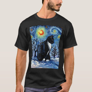 Tuxedo Kat Winter Snoei Vakantie Sterrennacht Kuns T-shirt