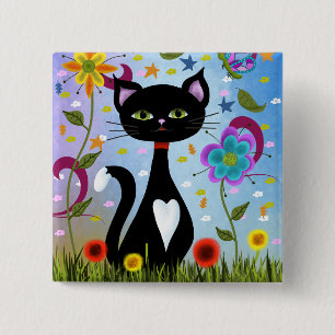 Tuxedo Kat Zit In Een Tuin Vierkante Button 5,1 Cm
