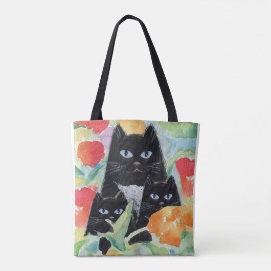 Tuxedo Kat & Zwarte Kittens in Waterverf Papavers Tote Bag (Achterkant)