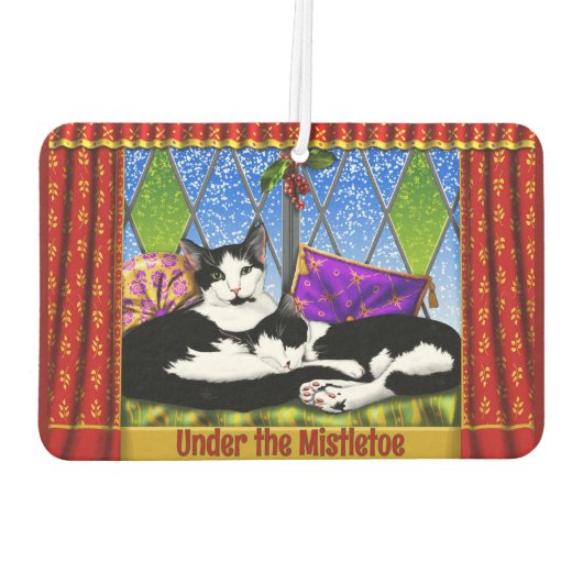 Tuxedo katten onder Mistletoe gepersonaliseerd Luchtverfrisser (Achterkant)