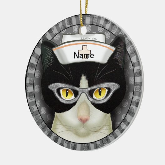 Tuxedo kattenverpleegkundige keramisch ornament (Links)