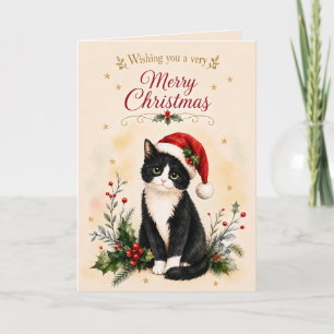 Tuxedo Kerstkat in Santa Hoed Feestdagen Kaart