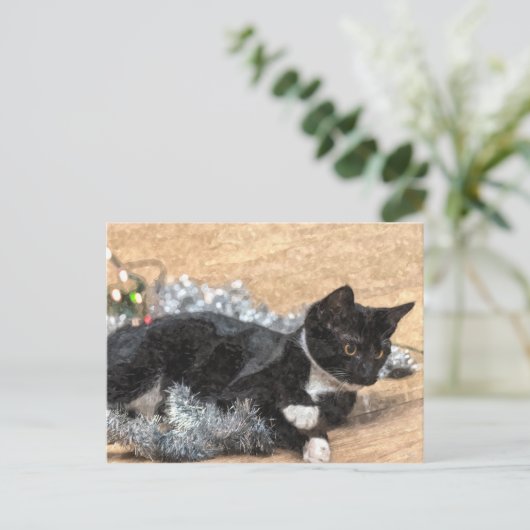 Tuxedo Kitten Tinsel en Lichten Briefkaart (Staand voorkant)