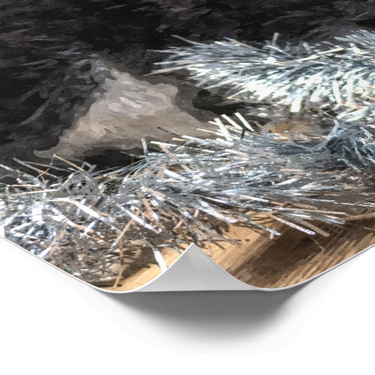 Tuxedo Kitten Tinsel en Lichten Painterly Poster (Hoek)