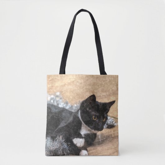 Tuxedo Kitten Tinsel en Lichten Painterly Tote Bag (Voorkant)