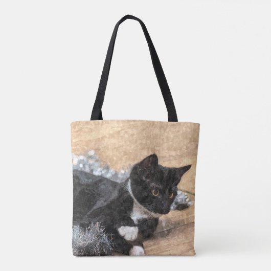 Tuxedo Kitten Tinsel en Lichten Painterly Tote Bag (Achterkant)