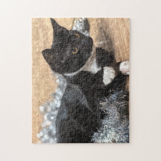 Tuxedo Kitten Tinsel en Lichten Puzzle Legpuzzel (Verticaal)