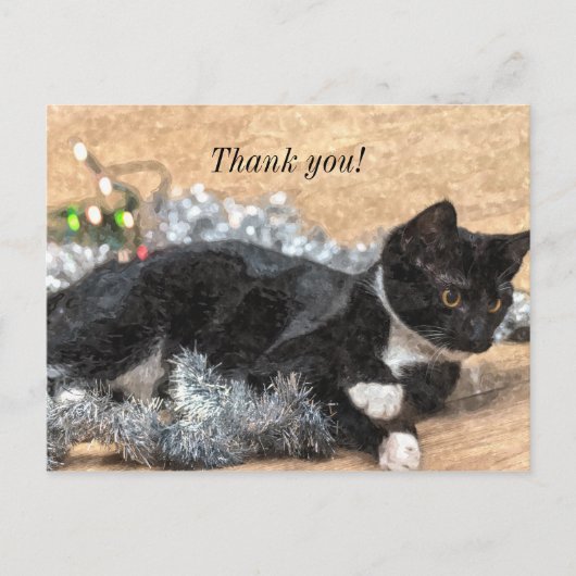 Tuxedo Kitten Tinsel en Lichtjes Bedankt Kaartje Briefkaart (Voorkant)