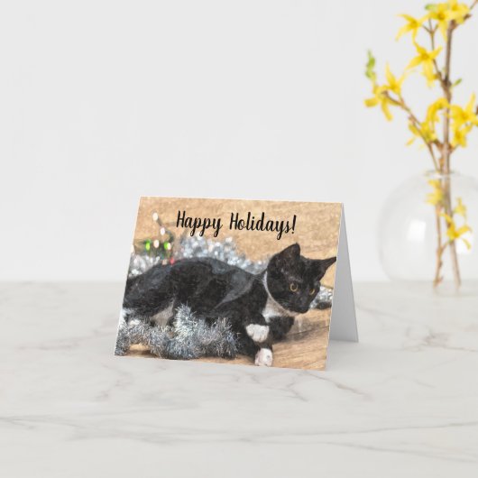 Tuxedo Kitten Tinsel en Lights Holiday Kaart (Gele Bloem)