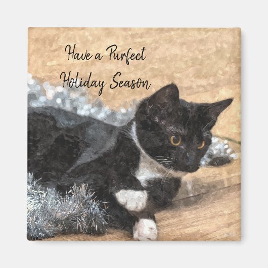 Tuxedo Kitten Tinsel en Lights Magnet (Voorkant)