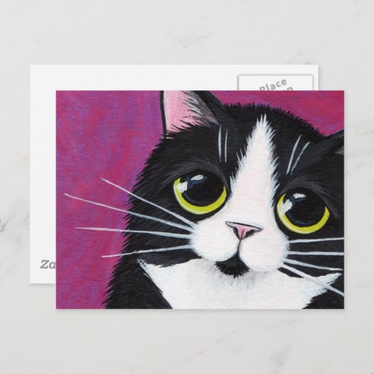 Tuxedo Kitty Cat op Roze Briefkaart (Voorkant / Achterkant)