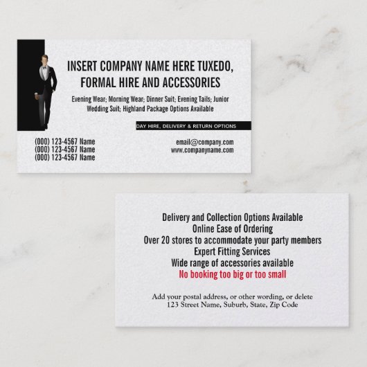 Tuxedo-man — formeel pak voor het huren van busine visitekaartje (Voorkant / Achterkant)