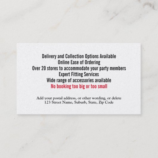 Tuxedo-man — formeel pak voor het huren van busine visitekaartje (Achterkant)