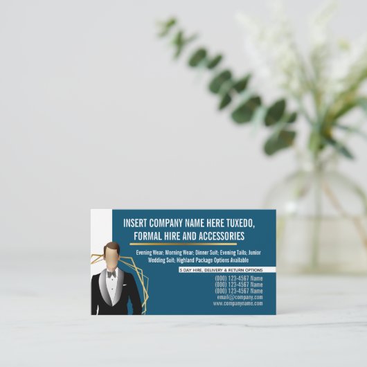 Tuxedo man modern zwart goudpak huren blauw visitekaartje (Staand voorkant)