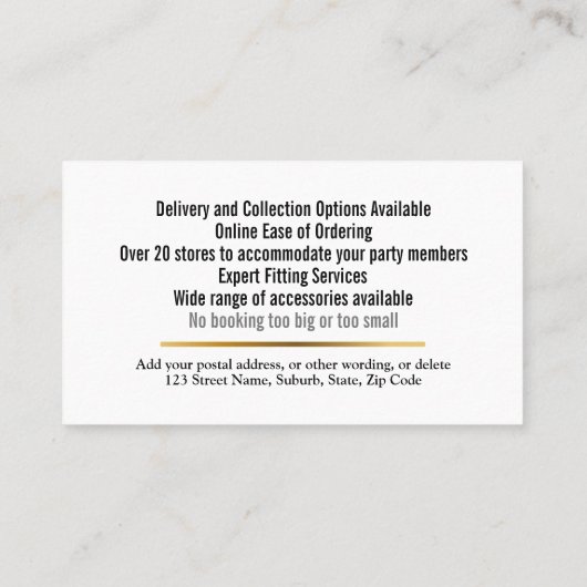 Tuxedo man modern zwart goudpak huren blauw visitekaartje (Achterkant)