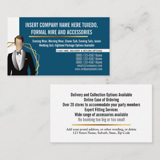 Tuxedo man modern zwart goudpak huren blauw visitekaartje (Voorkant / Achterkant)
