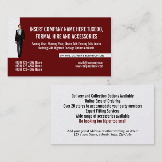 Tuxedo man-pleidooi voor het huren van een dij-mar visitekaartje (Voorkant / Achterkant)