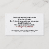 Tuxedo man-pleidooi voor het huren van een dij-mar visitekaartje (Achterkant)