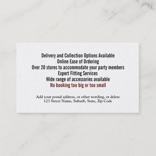 Tuxedo man-pleidooi voor het huren van een dij-mar visitekaartje (Achterkant)