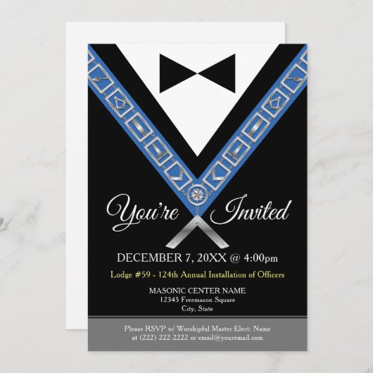 Tuxedo Masonic Invitations | Freemason Jewels Kaart (Voorkant / Achterkant)