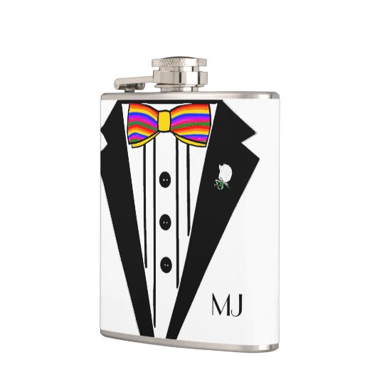 Tuxedo met Stropdas van regenboogbogen Heupfles (Links)