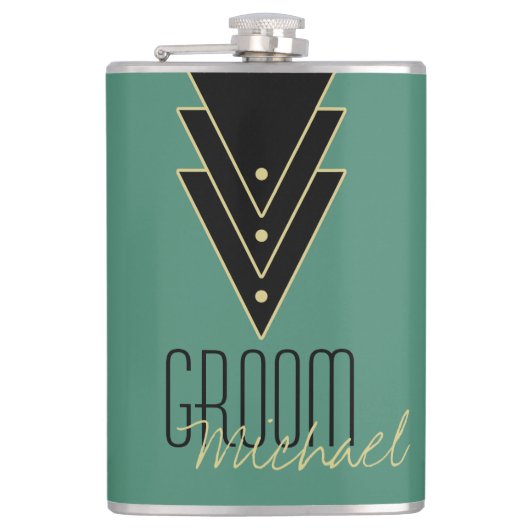 Tuxedo Modern Art Deco Groom Heupfles (Voorkant)