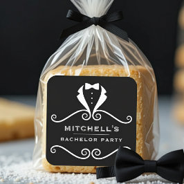 Tuxedo pak met strik voor vrijgezellenfeest zwart  vierkante sticker