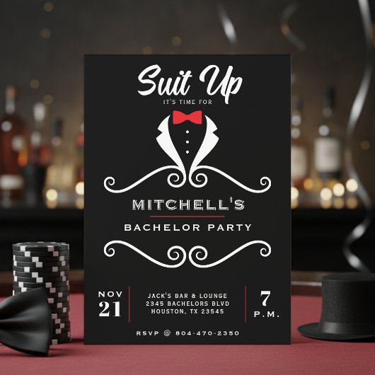 Tuxedo pak voor vrijgezellenfeest met zwarte en ro kaart