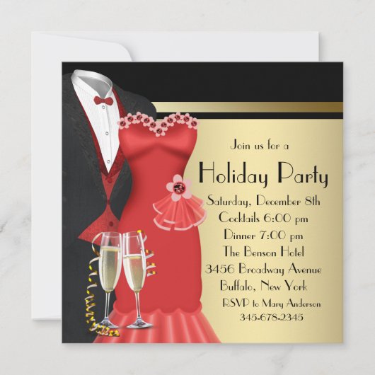 Tuxedo rode jurk elegante kerst kaart (Voorkant)