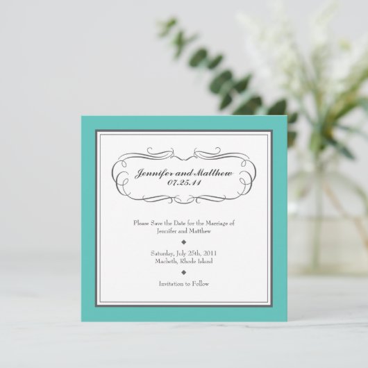 Tuxedo Save the Date - Turquoise en Grey (Staand voorkant)
