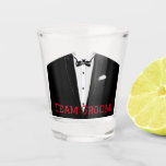 Tuxedo Shot Glas<br><div class="desc">Viel een vrijgezellenfeest,  bruiloft of jongens uit met dit tuxedo-ontwerp. Klik de douaneknoop om het bericht te veranderen.</div>