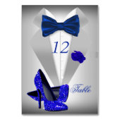 Tuxedo Silver Blue Bow Heel Table Number Kaart (Achterkant)