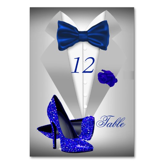 Tuxedo Silver Blue Bow Heel Table Number Kaart (Achterkant)
