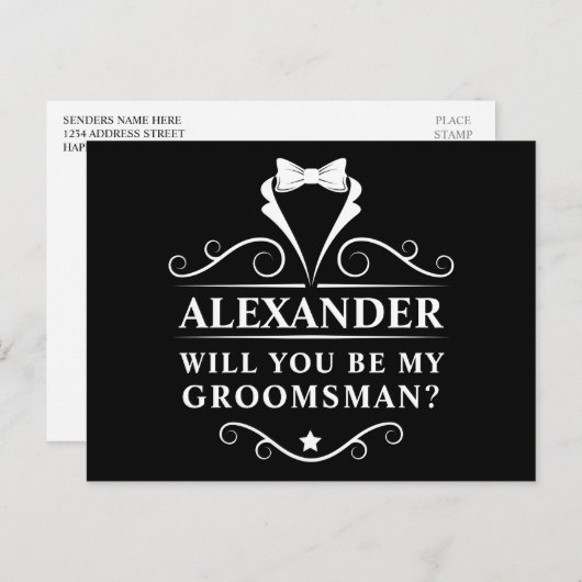 Tuxedo Stropdas zal mijn Groomsman Black zijn Briefkaart (Voorkant / Achterkant)