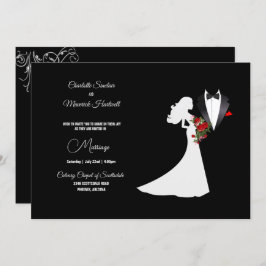 Tuxedo Suit & Bride Silhouette B&W Wedding Kaart