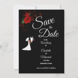 Tuxedo Suit & Bride Silhouette Red Roses Wedding Save The Date