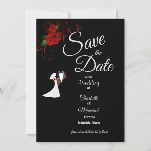 Tuxedo Suit & Bride Silhouette Red Roses Wedding Save The Date (Voorkant)