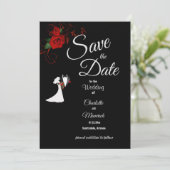 Tuxedo Suit & Bride Silhouette Red Roses Wedding Save The Date (Staand voorkant)