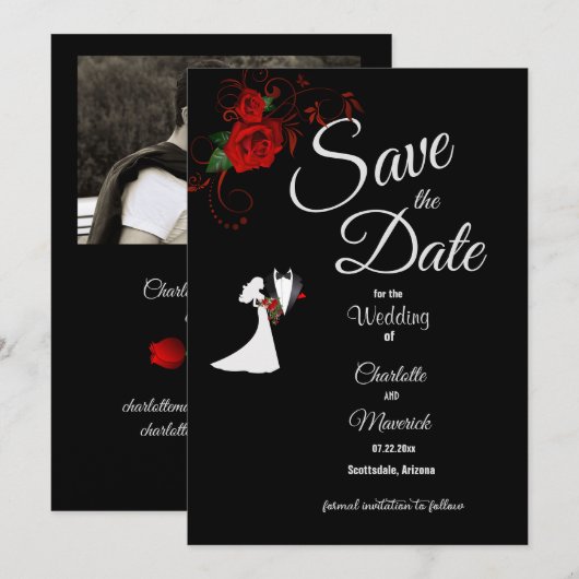 Tuxedo Suit & Bride Silhouette Red Roses Wedding Save The Date (Voorkant / Achterkant)