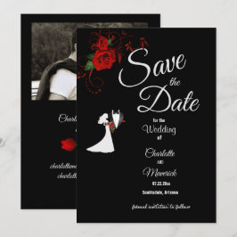 Tuxedo Suit & Bride Silhouette Red Roses Wedding Save The Date