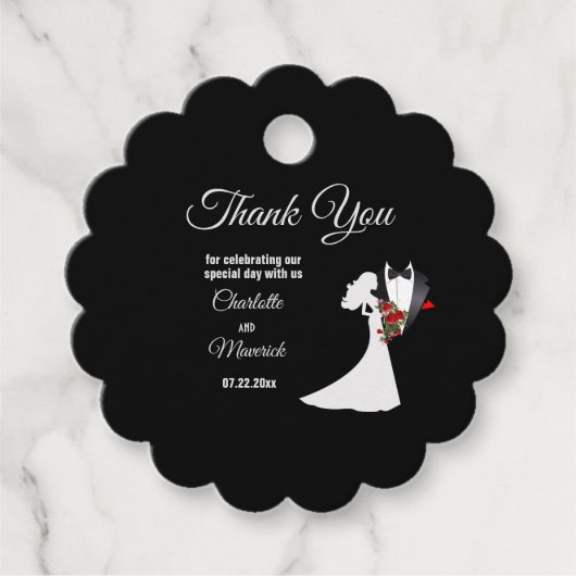 Tuxedo Suit & Bride Silhouette Wedding Bedankjes Labels (Voorkant)