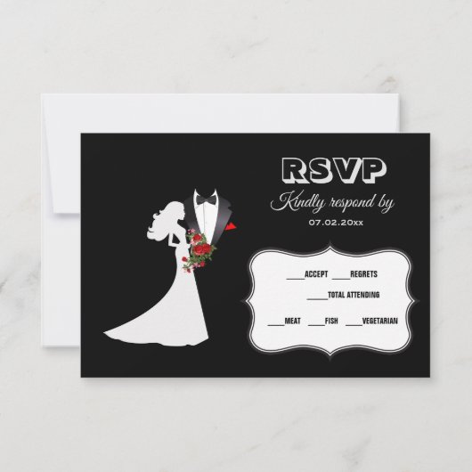 Tuxedo Suit & Bride Silhouette Wedding RSVP Kaartje (Achterkant)