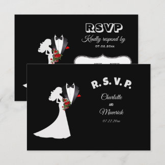 Tuxedo Suit & Bride Silhouette Wedding RSVP Kaartje